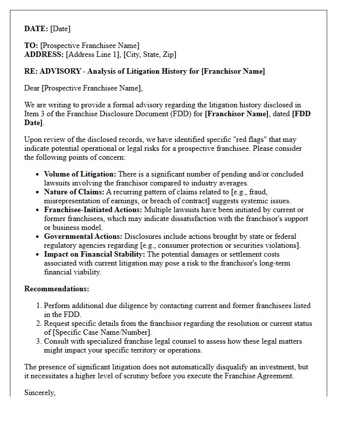 Franchisor Litigation History Red Flag Advisory Letter