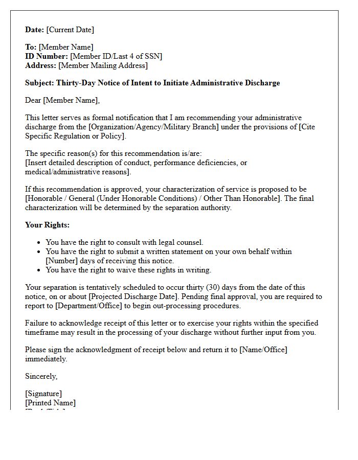 Thirty-Day Notice Administrative Discharge Letter