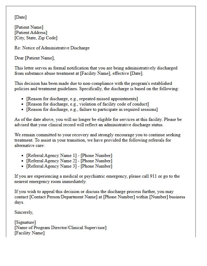 Administrative Non-Compliance Substance Abuse Treatment Discharge Letter