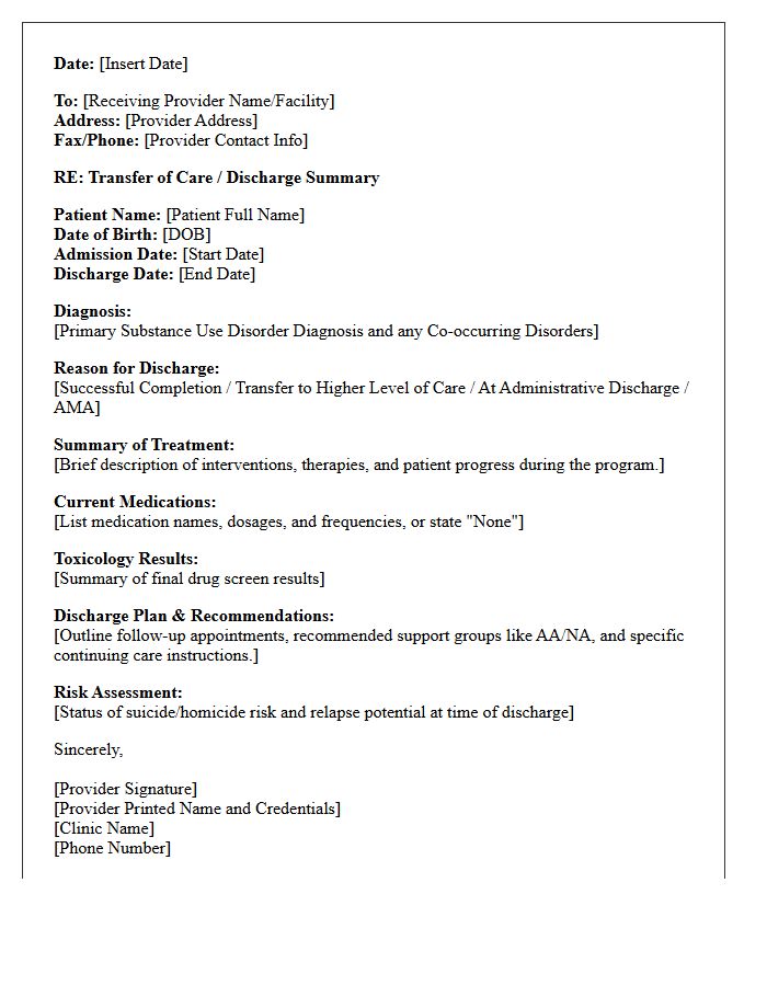 Transfer of Care Substance Abuse Clinic Discharge Letter
