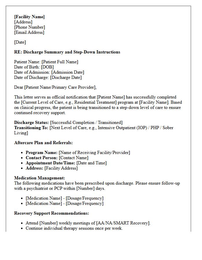 Step-Down Care Substance Abuse Treatment Discharge Letter