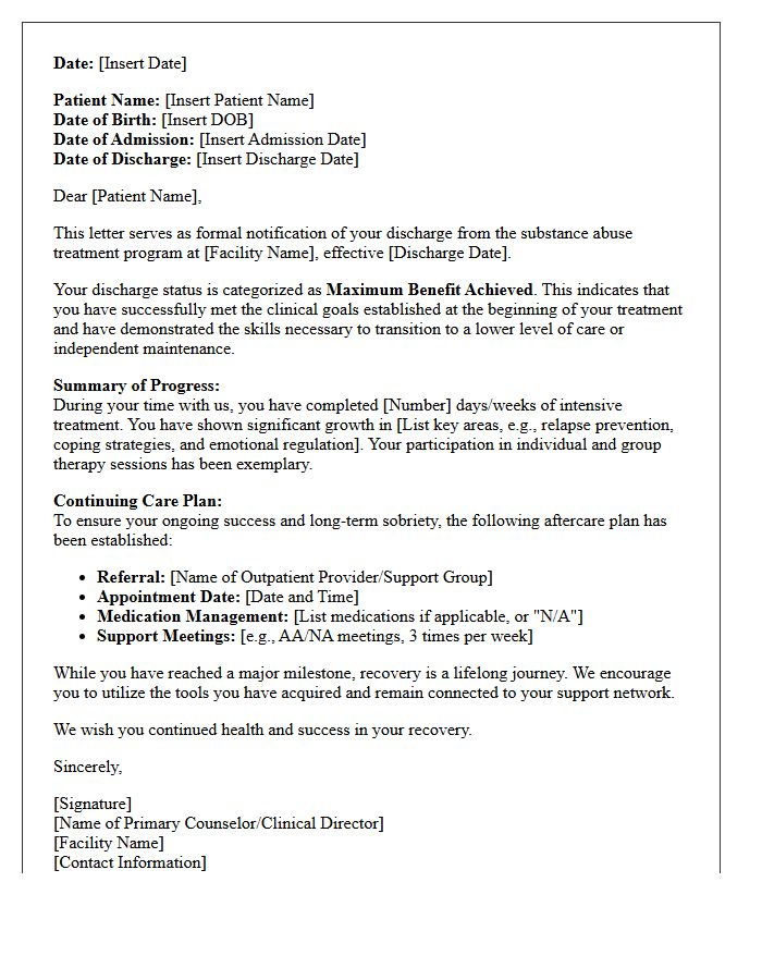 Maximum Benefit Achieved Substance Abuse Treatment Discharge Letter