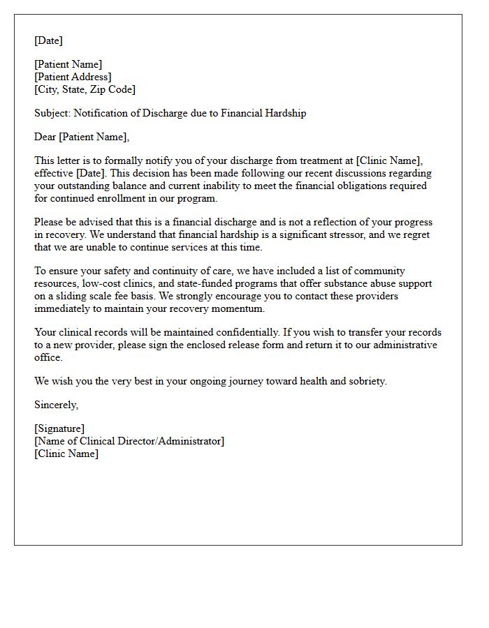 Financial Hardship Substance Abuse Clinic Discharge Letter