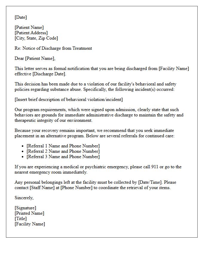 Behavioral Violation Substance Abuse Treatment Discharge Letter
