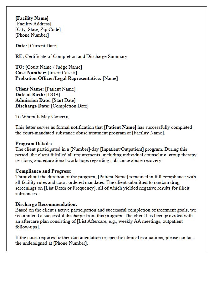 Court-Mandated Substance Abuse Program Completion Discharge Letter