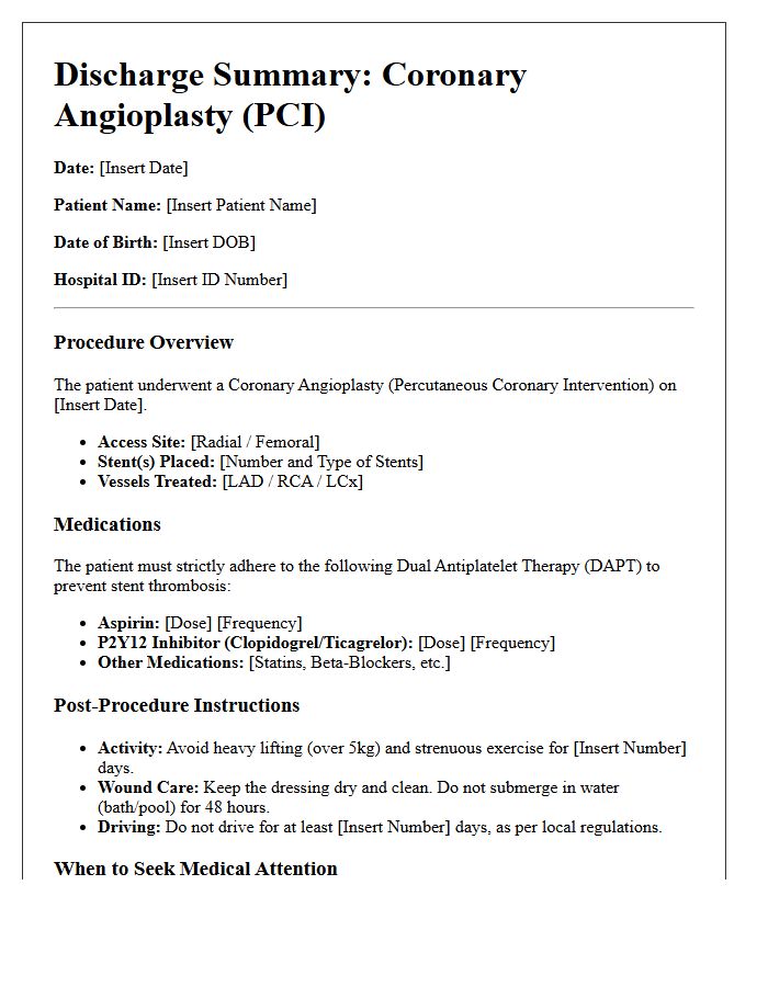 Coronary Angioplasty Post-Procedure Discharge Letter