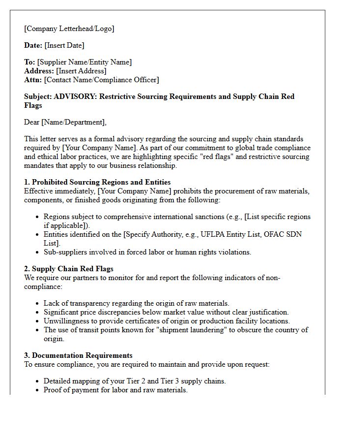 Restrictive Sourcing and Supply Chain Red Flag Advisory Letter