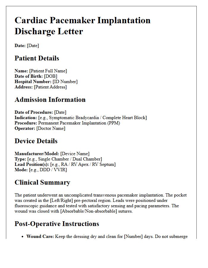 Cardiac Pacemaker Implantation Clinical Discharge Letter