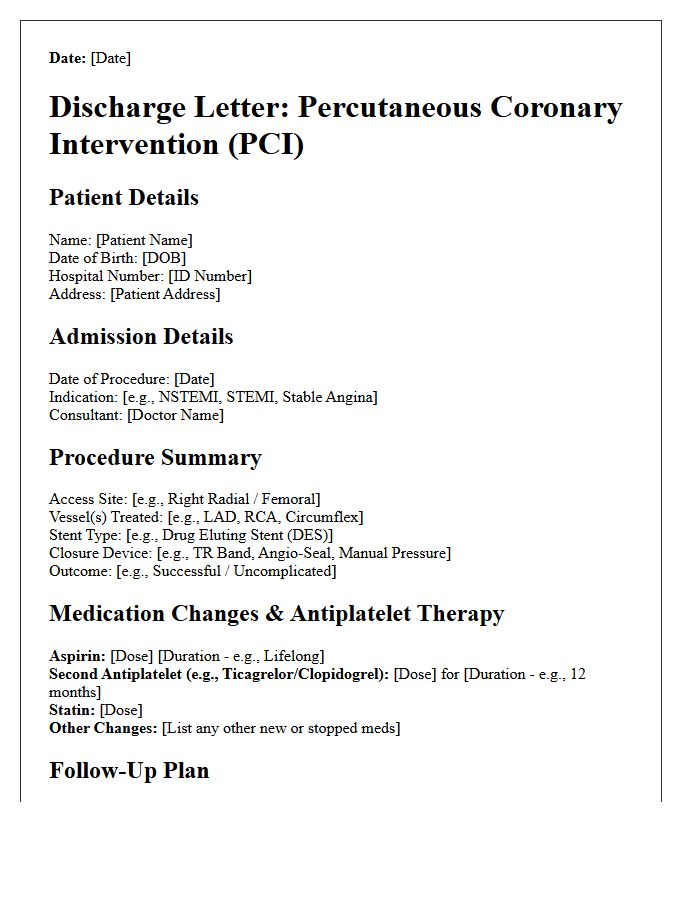 Percutaneous Coronary Intervention Clinic Discharge Letter