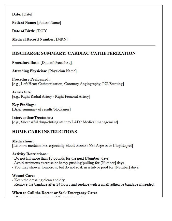 Cardiac Catheterization Outpatient Discharge Letter