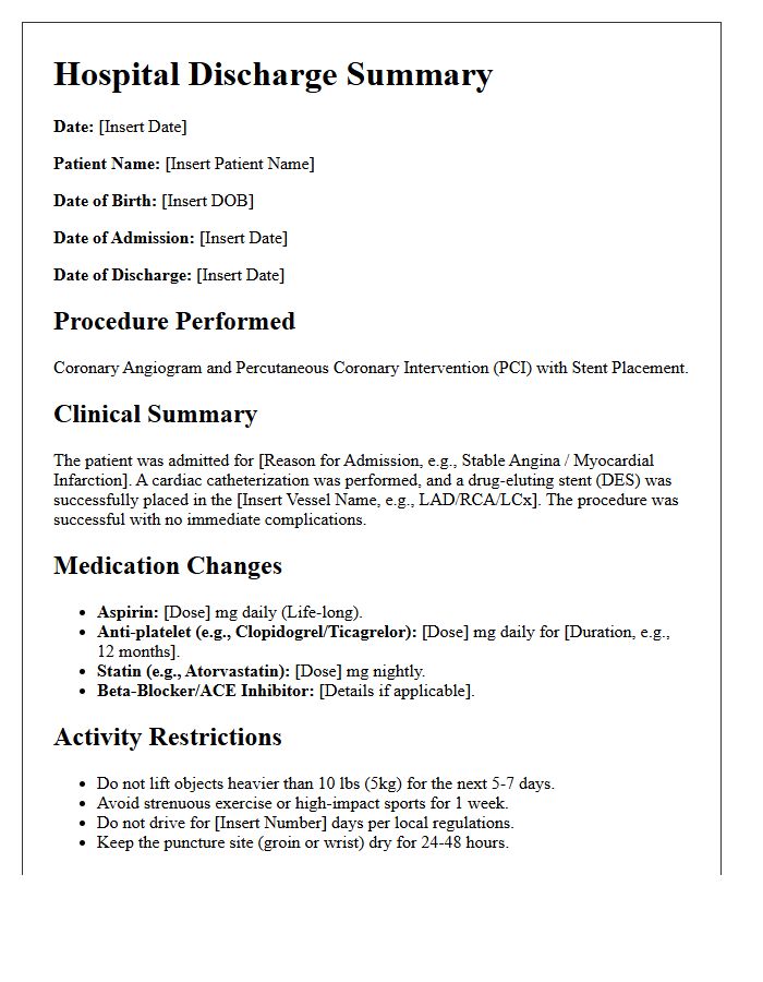 Coronary Artery Stent Placement Discharge Letter