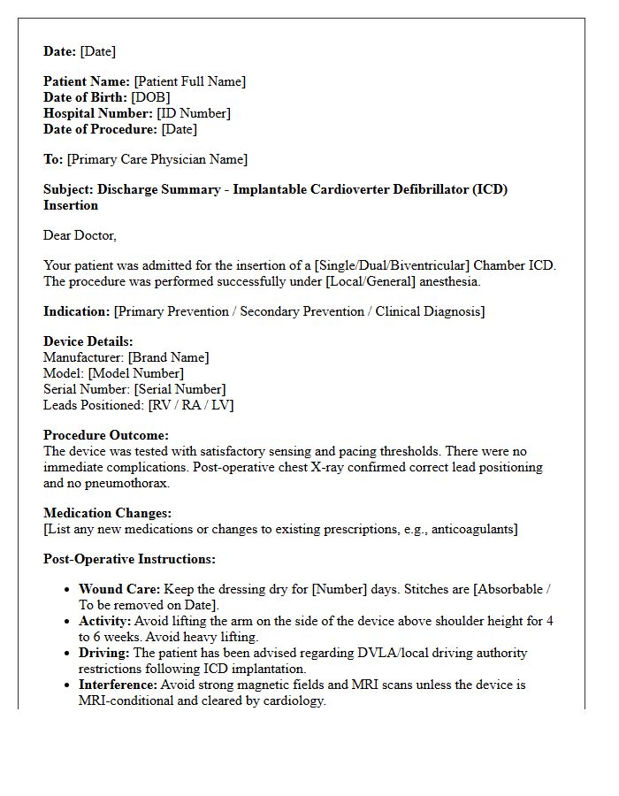 Implantable Cardioverter Defibrillator Discharge Letter