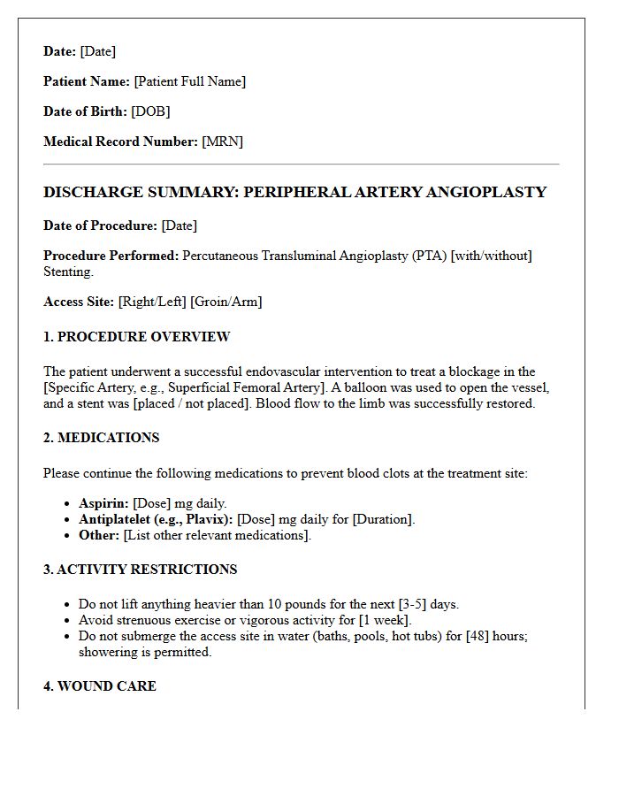 Peripheral Artery Angioplasty Intervention Discharge Letter
