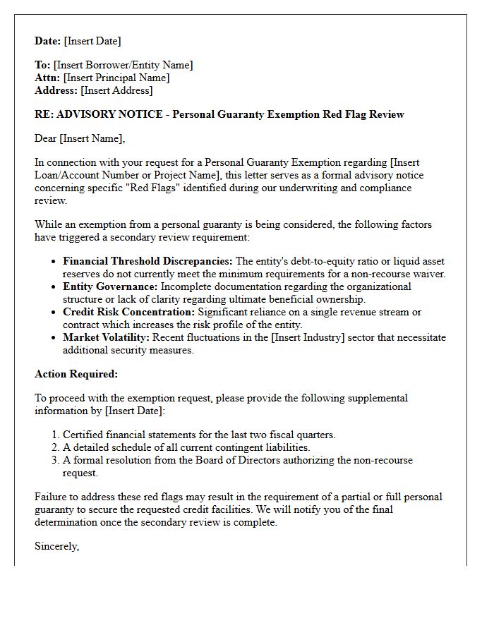 Personal Guaranty Exemption Red Flag Advisory Letter