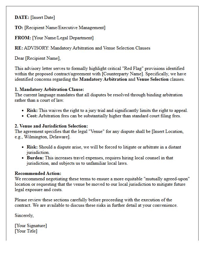 Mandatory Arbitration and Venue Red Flag Advisory Letter