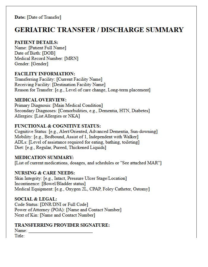 Standard Geriatric Facility Transfer Discharge Letter