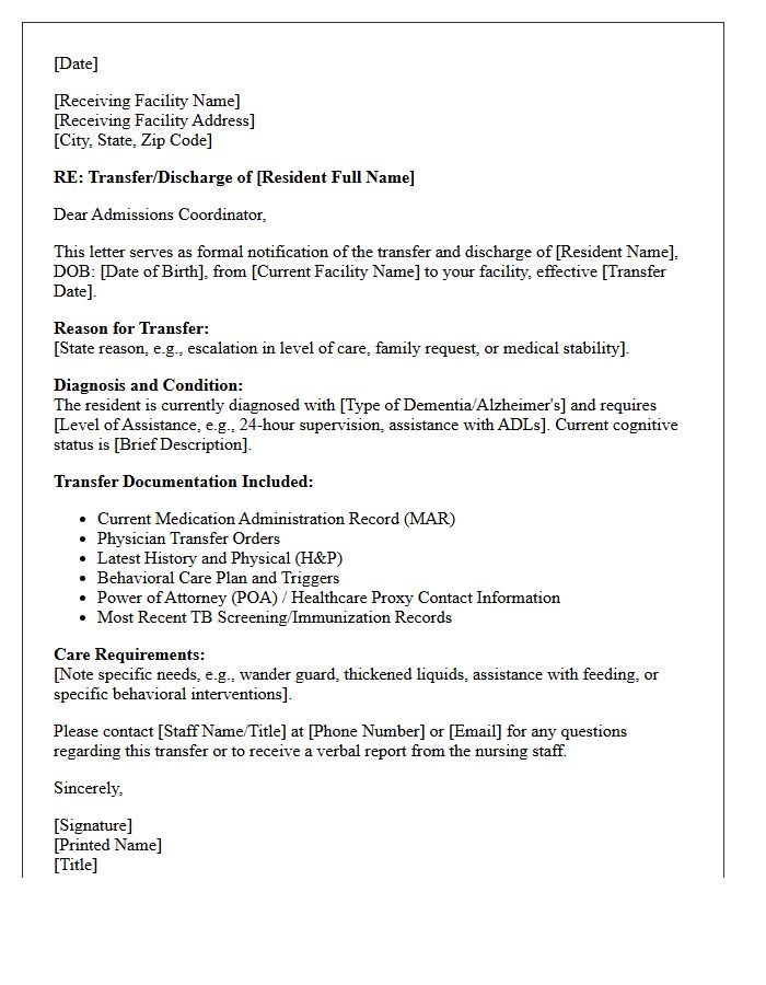 Memory Care Geriatric Facility Transfer Discharge Letter