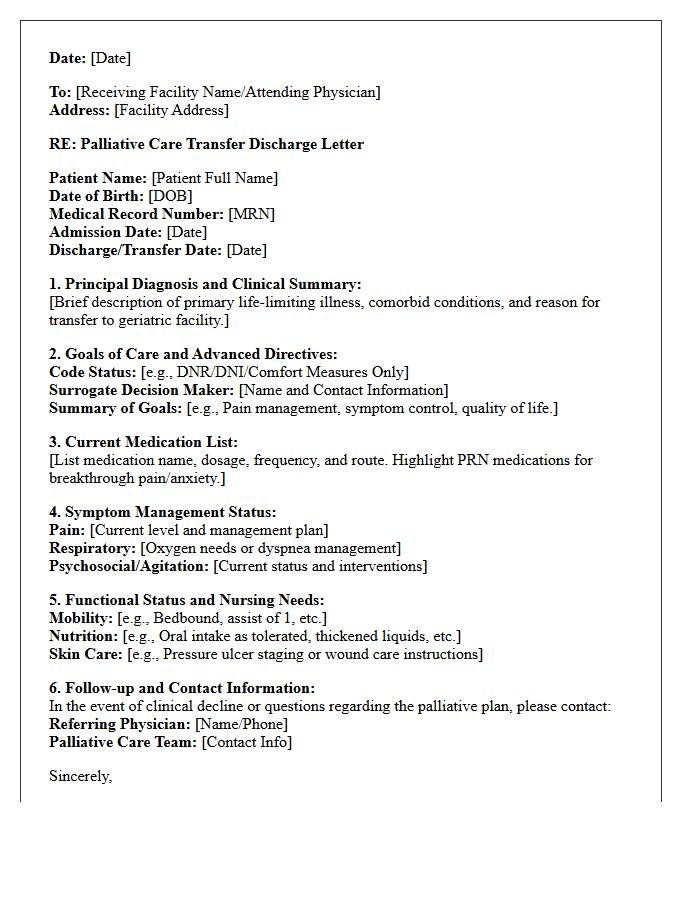 Palliative Care Geriatric Facility Transfer Discharge Letter