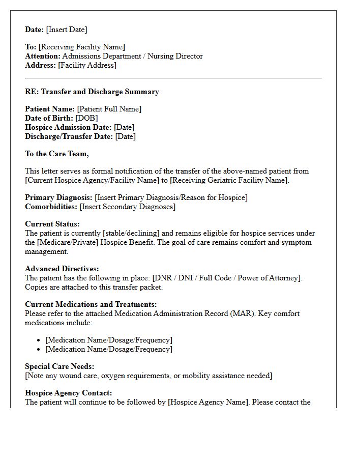 Hospice Geriatric Facility Transfer Discharge Letter