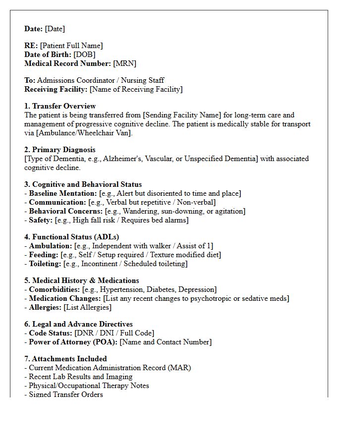 Cognitive Decline Geriatric Facility Transfer Discharge Letter
