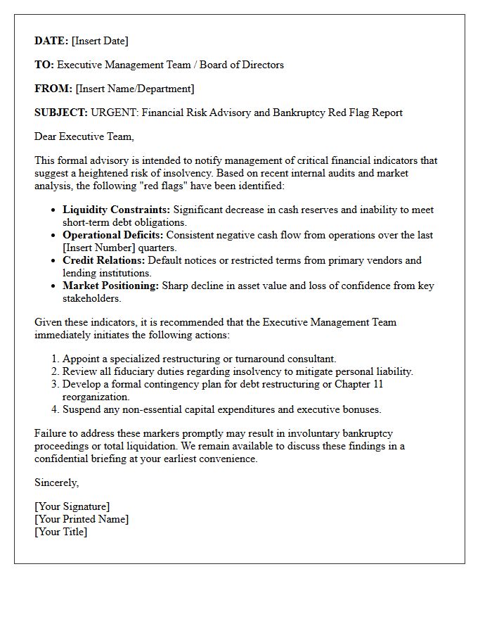 Executive Management Bankruptcy Red Flag Advisory Letter