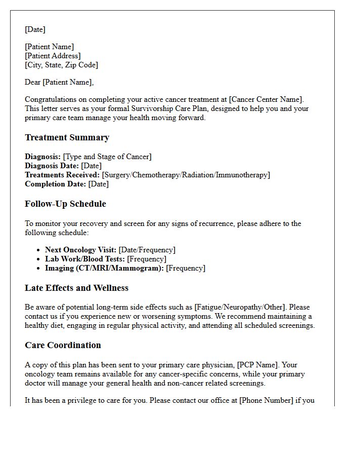 Cancer Center Survivorship Care Plan Letter
