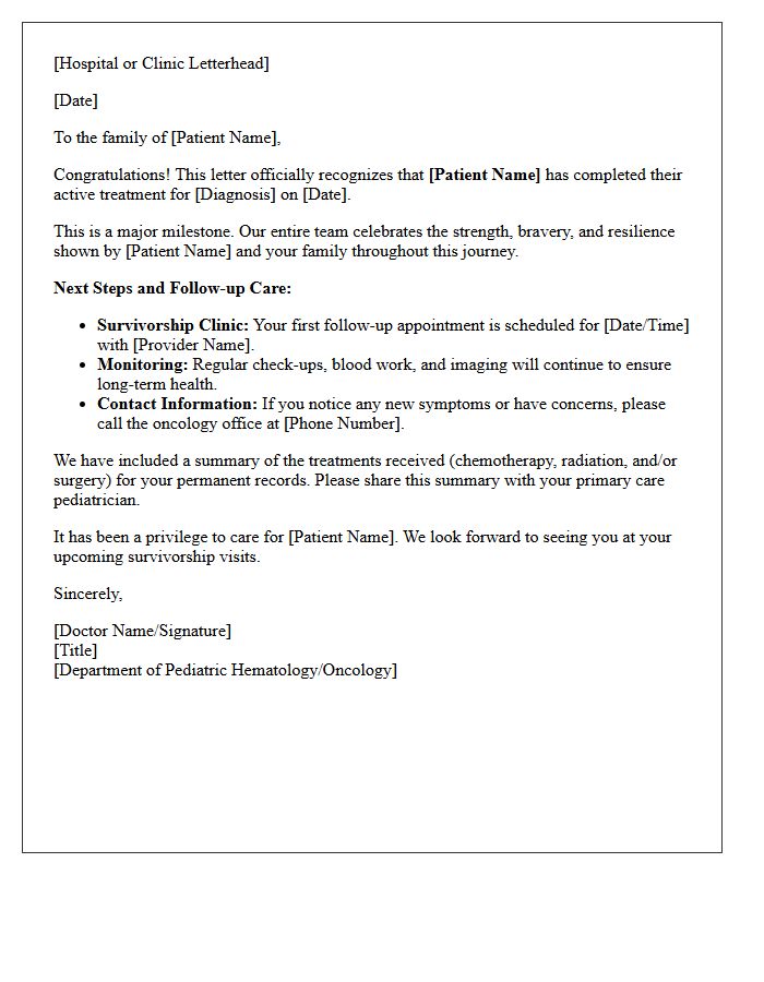 Pediatric Oncology Treatment Completion Letter