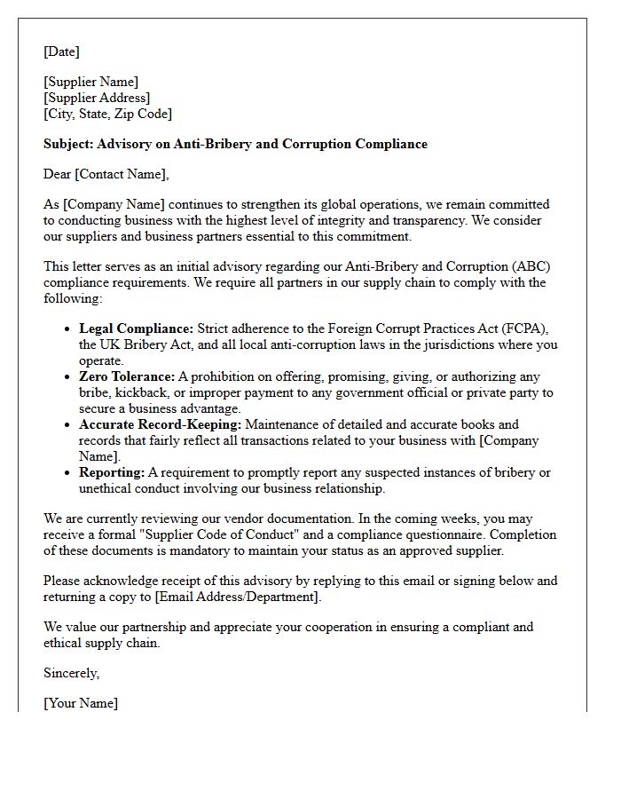 Initial Supply Chain Anti-Bribery Compliance Advisory Letter