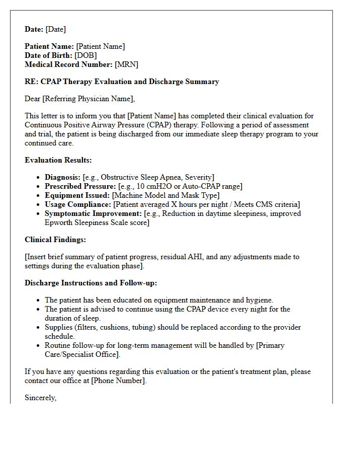 Continuous Positive Airway Pressure Therapy Evaluation Discharge Letter