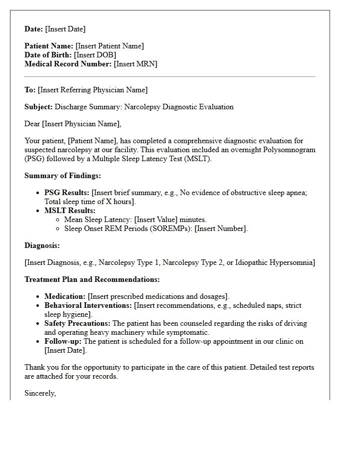 Narcolepsy Diagnostic Evaluation Discharge Letter