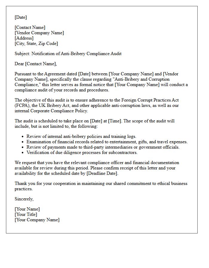 Third-Party Vendor Anti-Bribery Compliance Audit Letter
