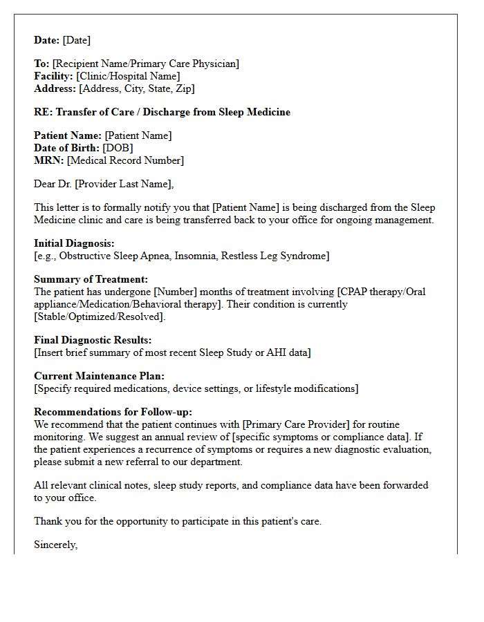 Transfer of Care Sleep Medicine Evaluation Discharge Letter
