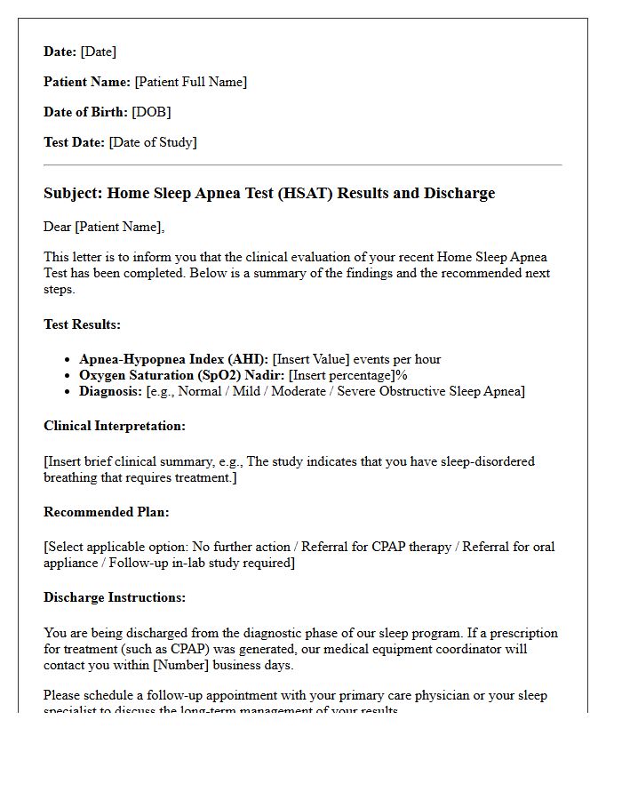 Home Sleep Apnea Test Evaluation Discharge Letter