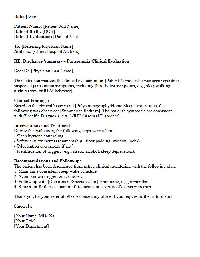 Parasomnia Clinical Evaluation Discharge Letter