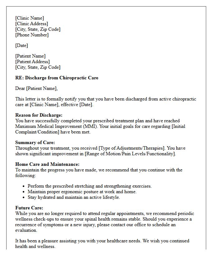 Standard Chiropractic Treatment Completion Discharge Letter