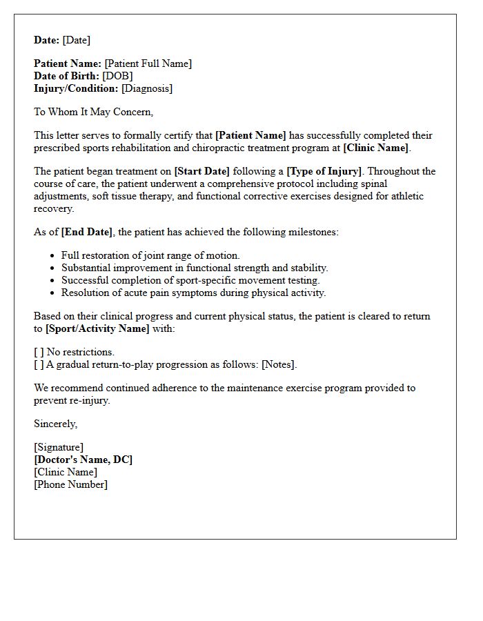 Sports Rehabilitation Chiropractic Completion Letter
