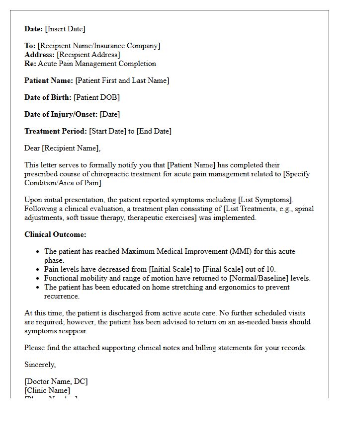 Acute Pain Management Chiropractic Completion Letter
