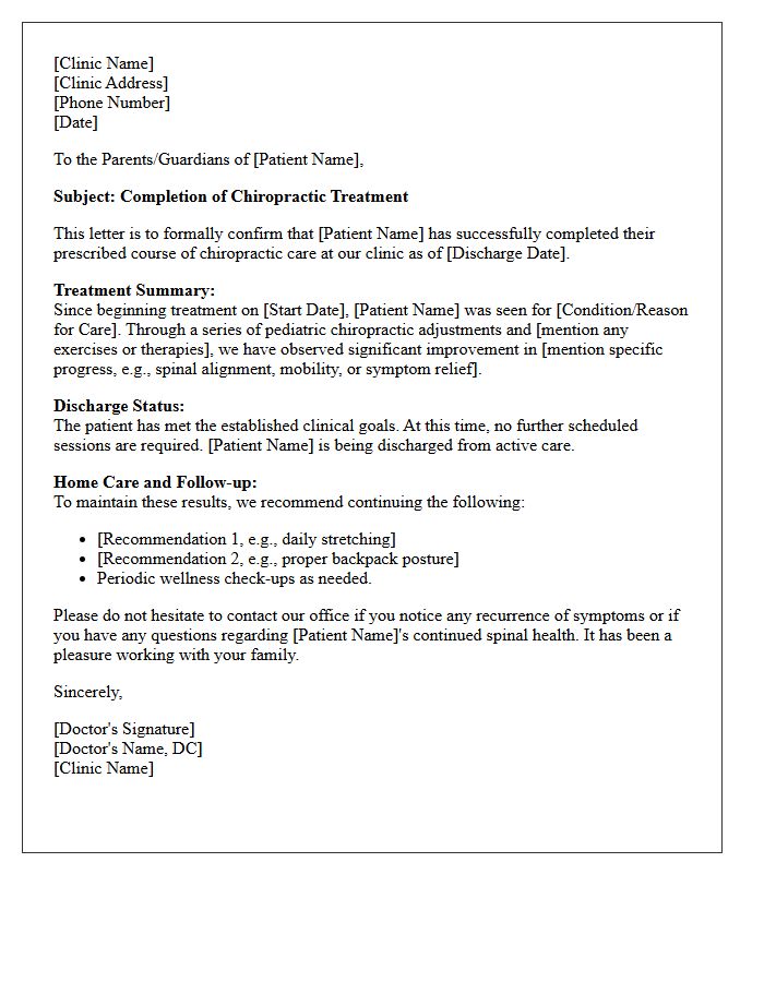 Pediatric Chiropractic Treatment Completion Discharge Letter