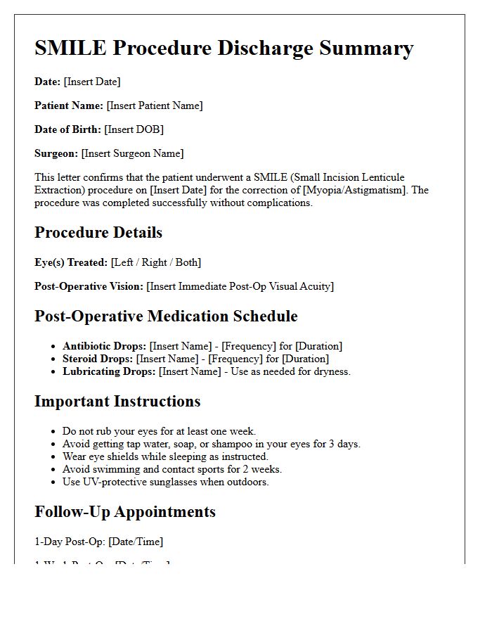 SMILE Procedure Vision Correction Discharge Letter