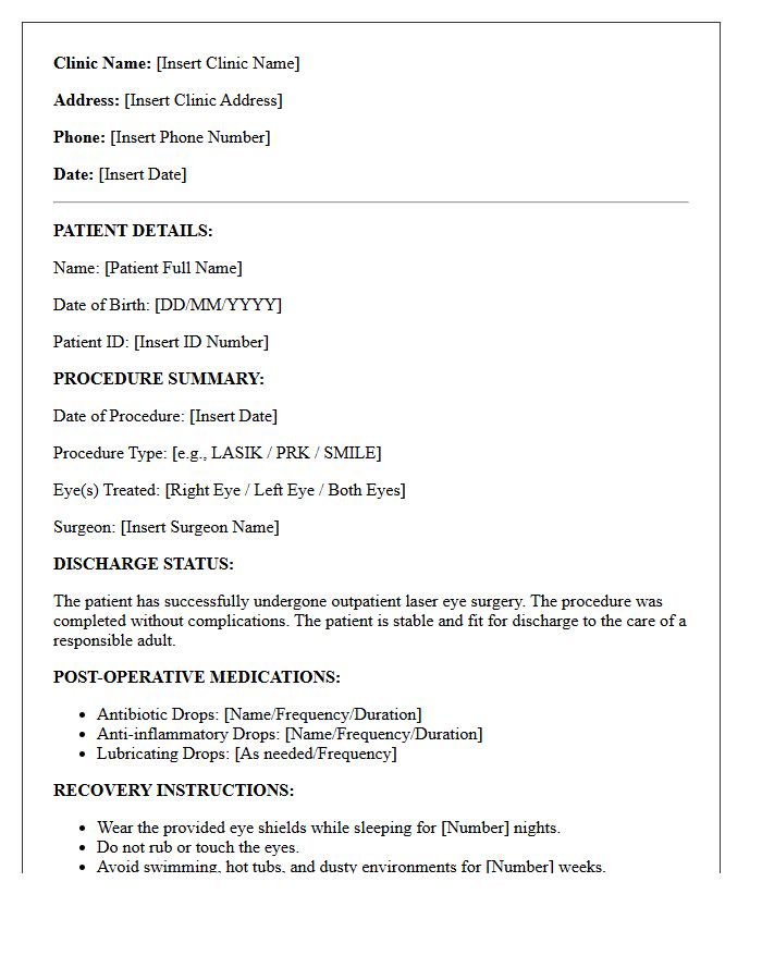 Outpatient Laser Eye Surgery Medical Discharge Letter