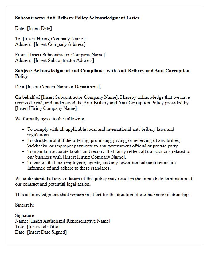 Subcontractor Anti-Bribery Policy Acknowledgment Letter