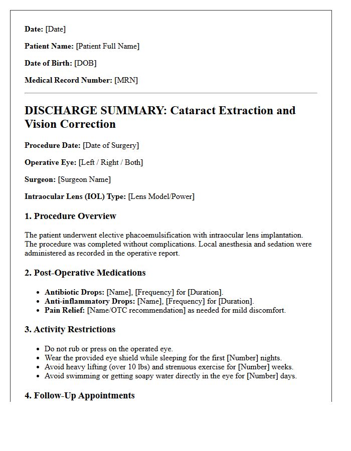 Cataract Extraction And Vision Correction Discharge Letter