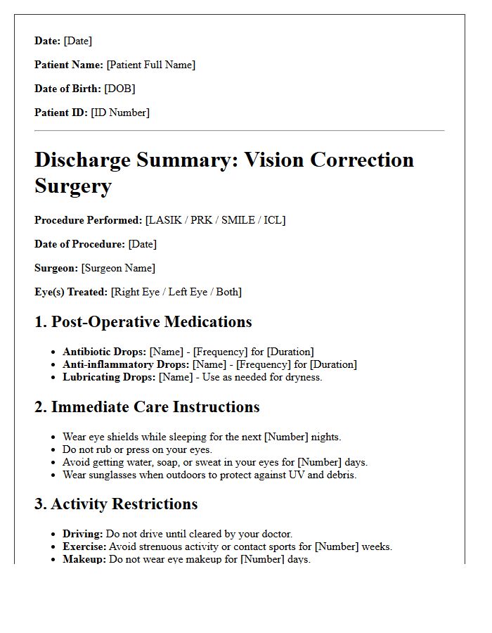 Comprehensive Vision Correction Surgery Discharge Letter