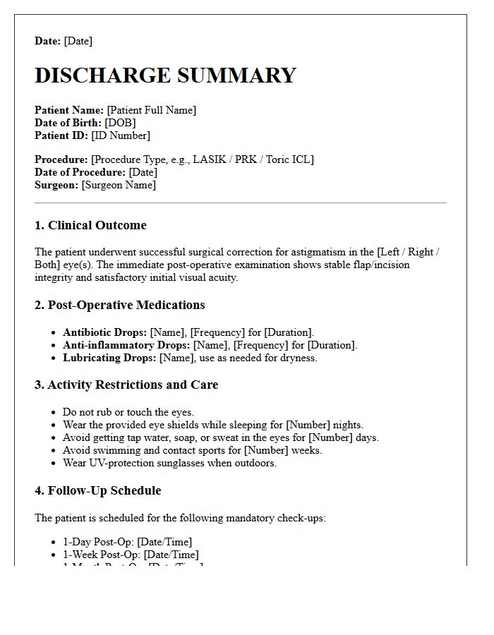 Astigmatism Correction Surgery Clinic Discharge Letter