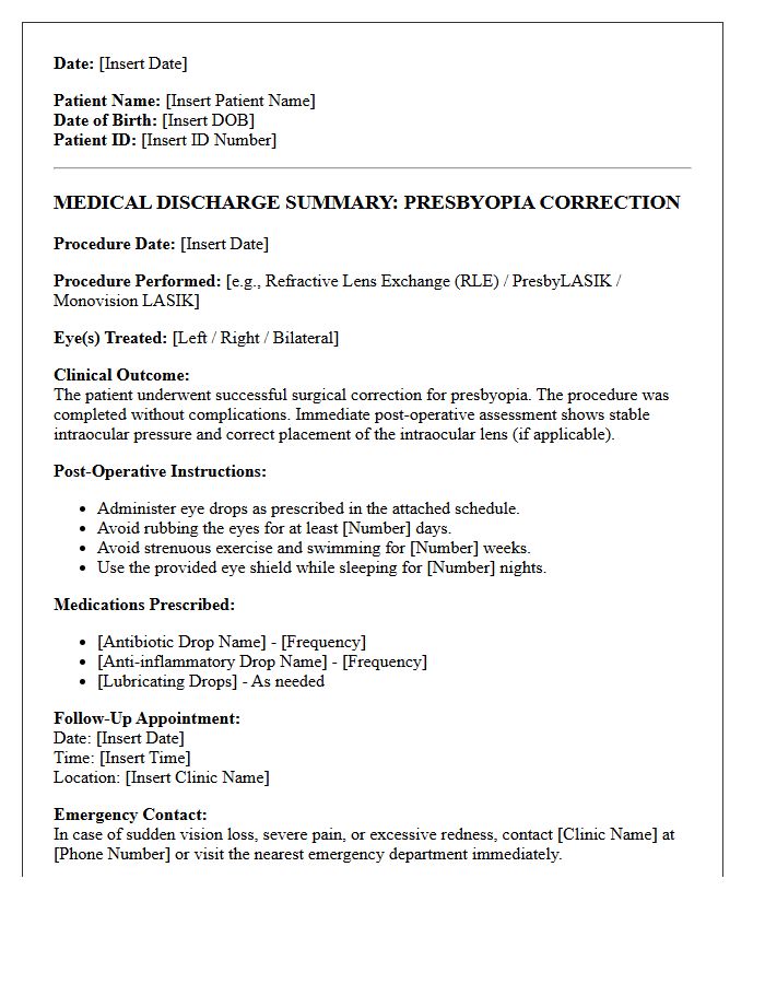Presbyopia Vision Correction Medical Discharge Letter
