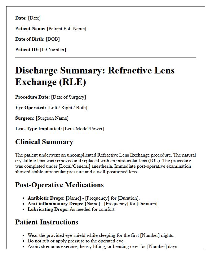 Refractive Lens Exchange Surgery Discharge Letter