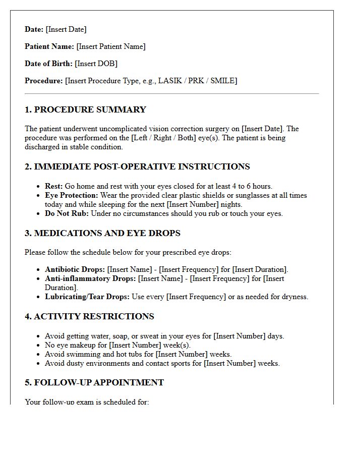 Same-Day Vision Correction Surgery Discharge Letter