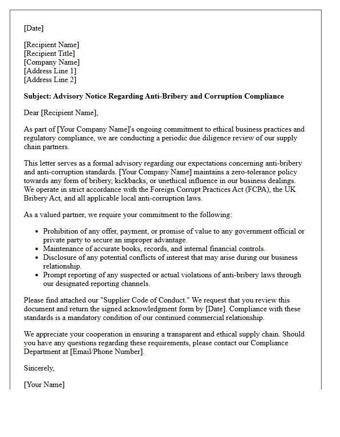 Supply Chain Due Diligence Anti-Bribery Advisory Letter