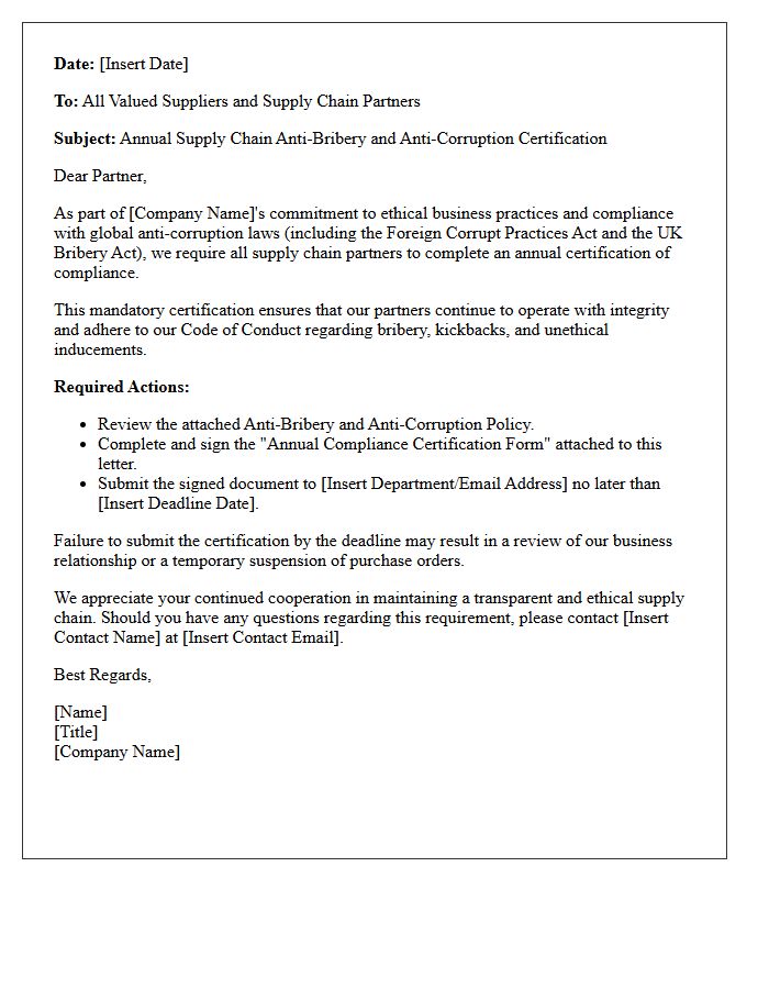 Annual Supply Chain Anti-Bribery Certification Advisory Letter