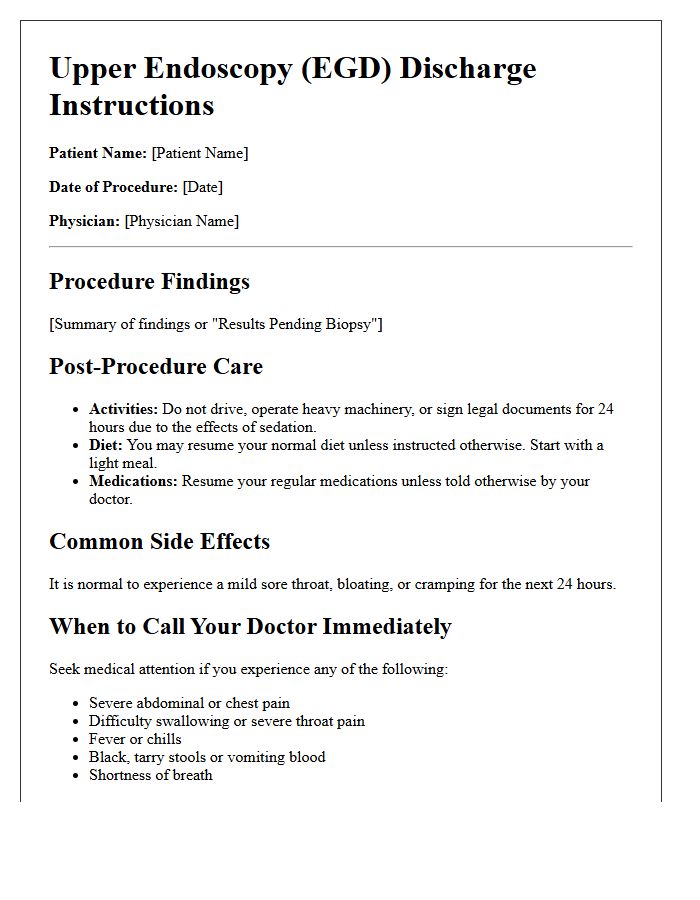 Standard Upper Endoscopy Discharge Letter